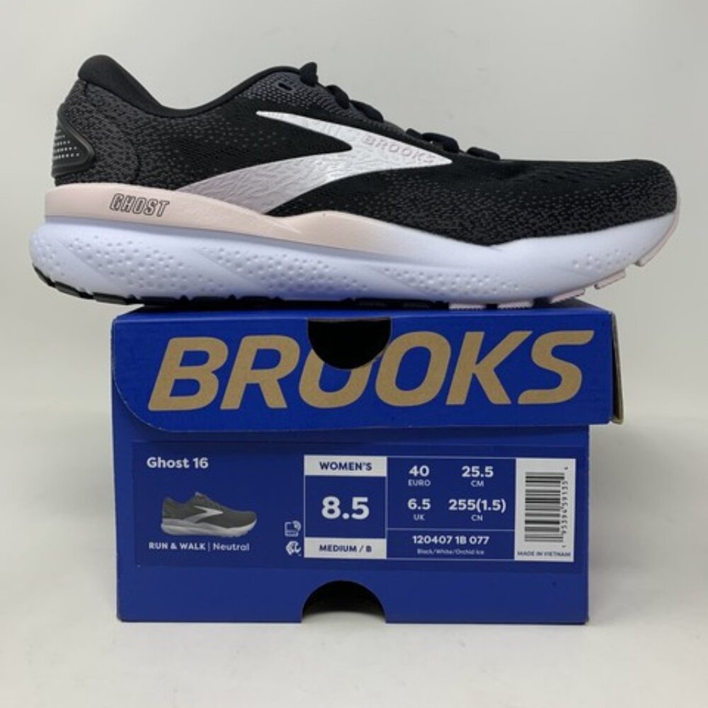 Women's Brooks Ghost 16, Black/White/Orchid Ice, 8.5 B Medium US